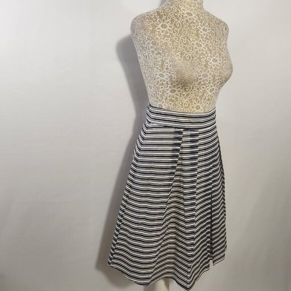 J Crew Women Size 12 Blue Stripe Pleated Zip Back Cotton Blend Lined Midi Skirt - Picture 5 of 12